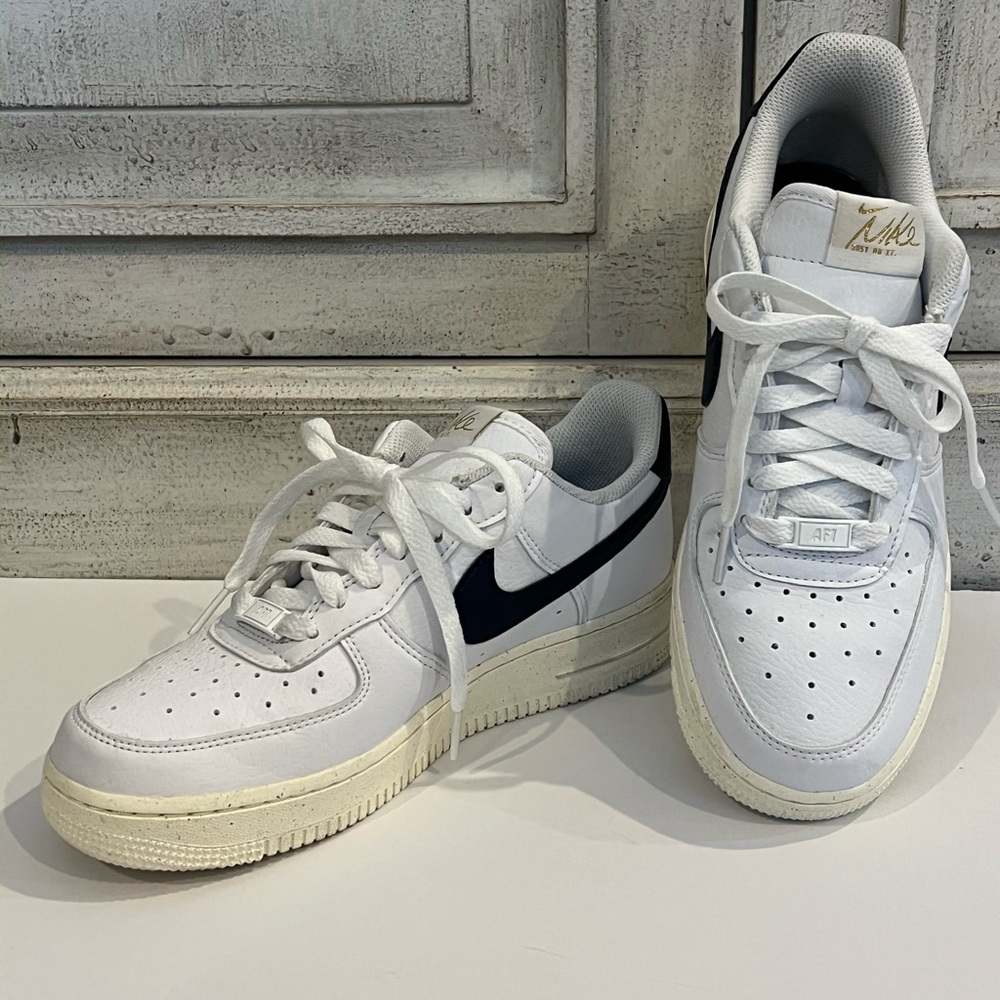 Women’s Nike Air Force One White and Navy Sneakers